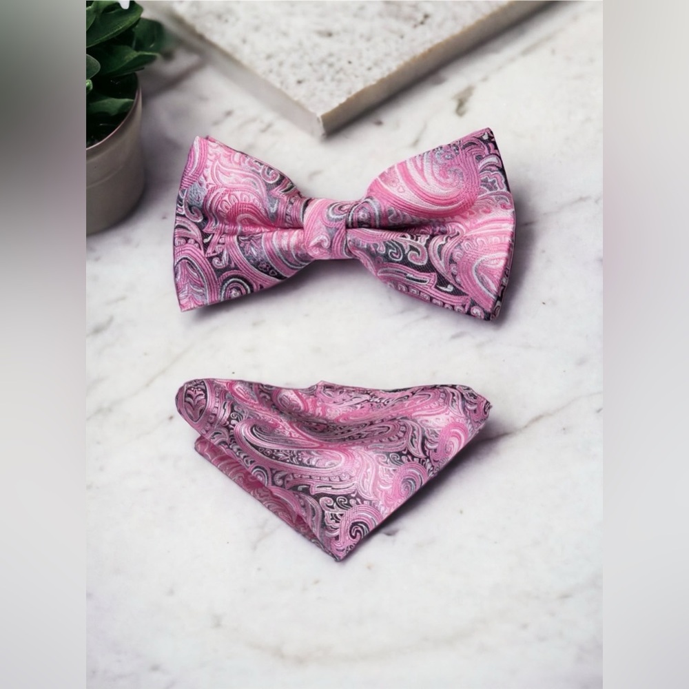 Men’s Silk Coordinated Bow Tie Set - Pink Paisley